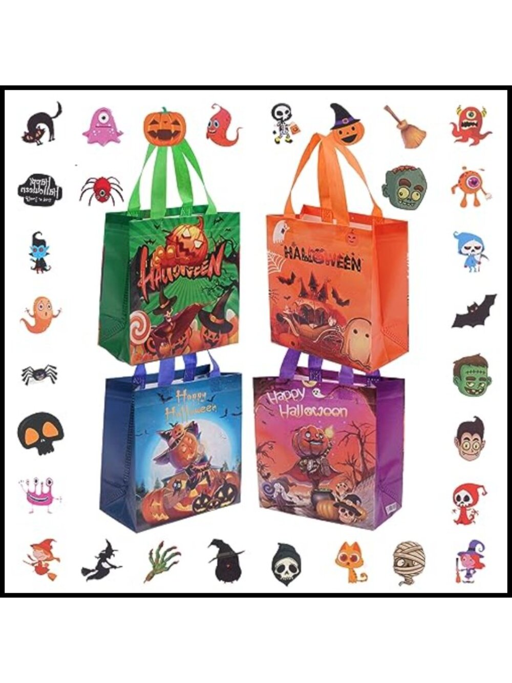 4Pc Halloween Non-Woven Gift Bags with Handles Reusable Treat Tote